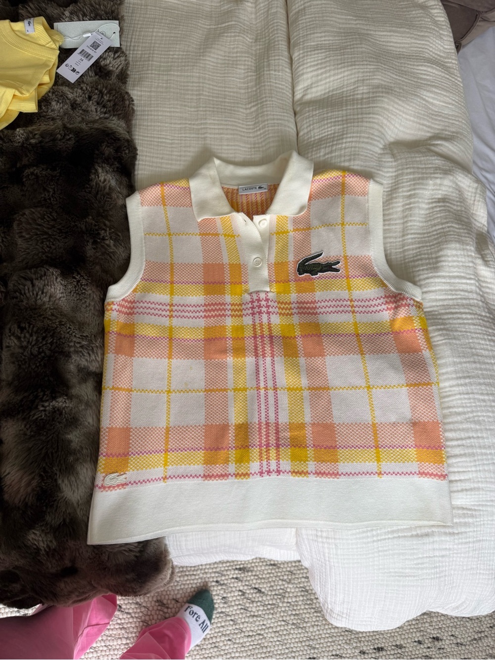 Lacoste wonens plaid Sleeveless Polo Top in Yellow & Pink